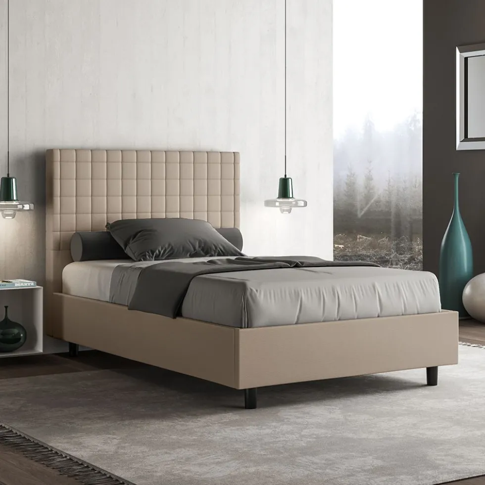 Letto 120x190cm contenitore con testiera a quadretti tortora LIT208