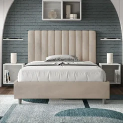 Letto 120x200cm contenitore con testiera trapuntata in microfibra sabbia beige LIT232