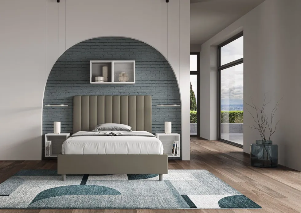 Letto 120x200cm contenitore con testiera trapuntata in similpelle cappuccino LIT230