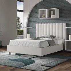 Letto 120x200cm contenitore con testiera trapuntata in similpelle bianco LIT230