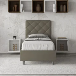 Letto 80x210cm contenitore con testiera trapuntata design a rombo cappuccino LIT72