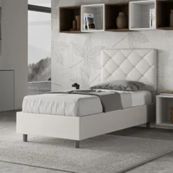 Letto 80x190cm contenitore con testiera trapuntata design a rombo bianco LIT68