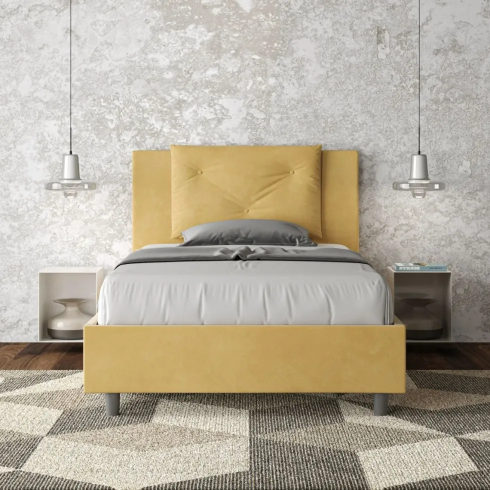 Letto 120x210cm contenitore con tre bottoni in microfibra ocra LIT188