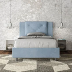 Letto 120x200cm contenitore con tre bottoni in microfibra azzurro LIT184