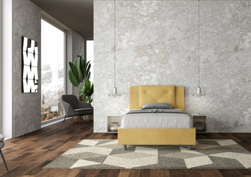 Letto 120x190cm contenitore con tre bottoni in microfibra ocra LIT180