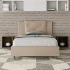 Letto 120x190cm contenitore con tre bottoni in similpelle tortora LIT178