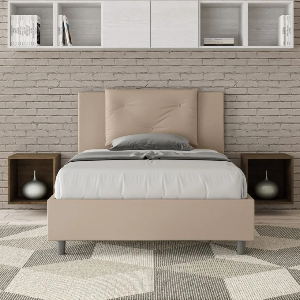 Letto 120x190cm contenitore con tre bottoni in similpelle tortora LIT178