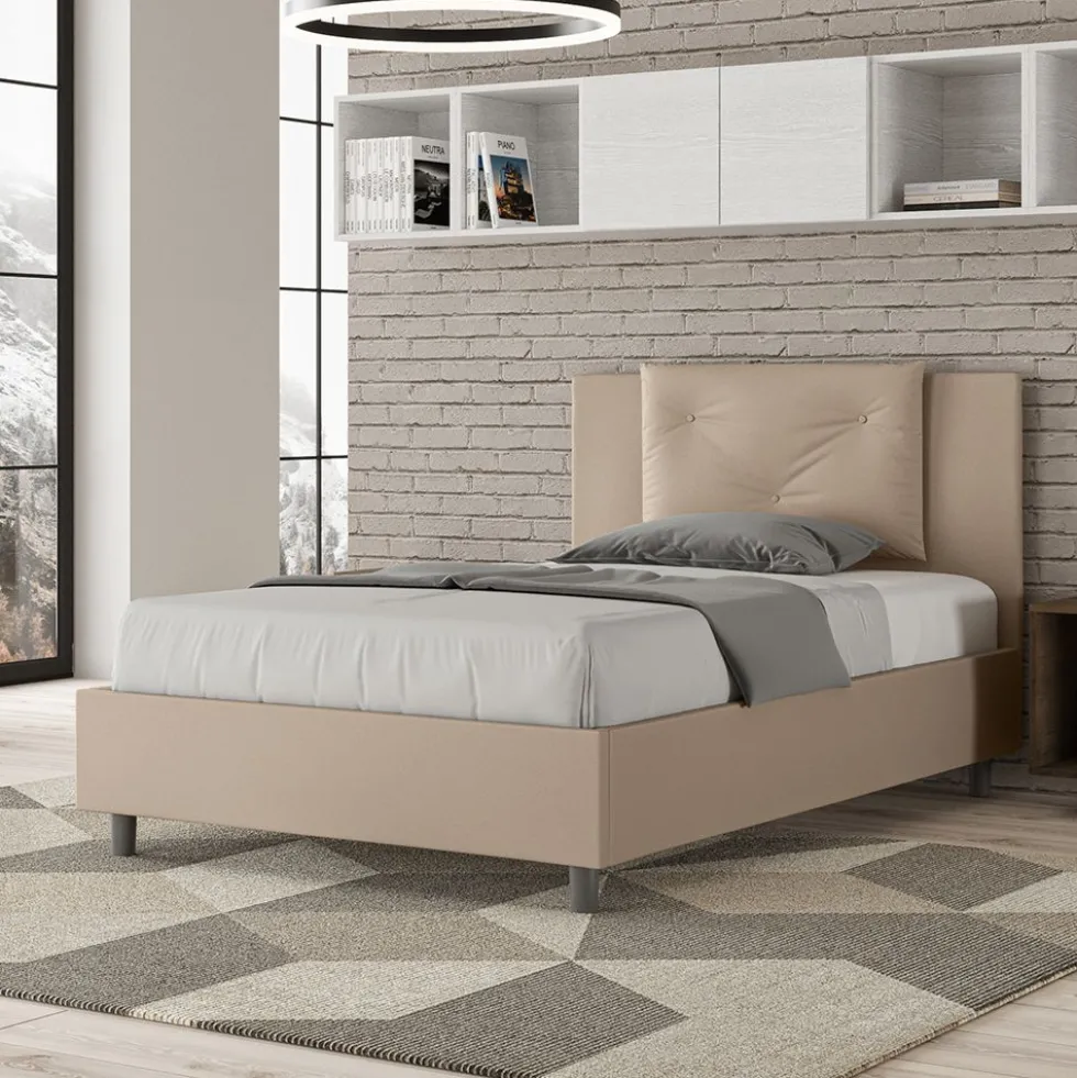 Letto 120x190cm contenitore con tre bottoni in similpelle tortora LIT178