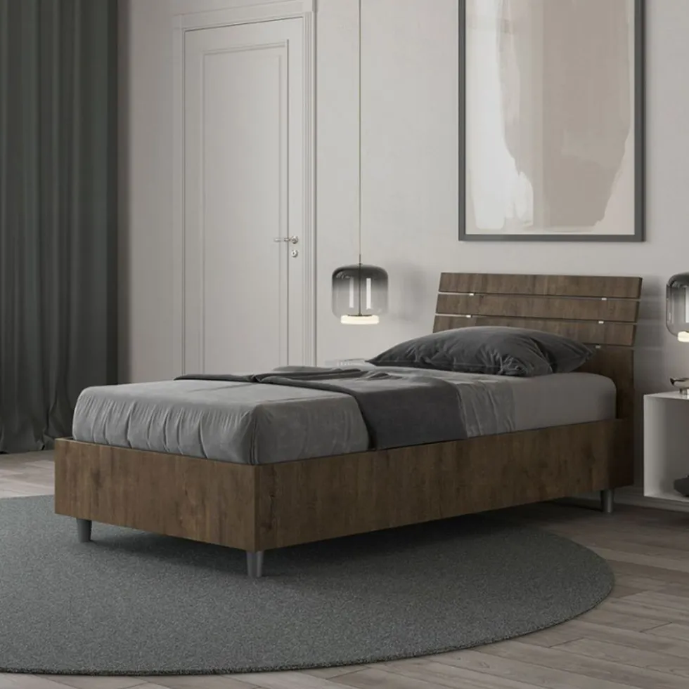 Letto 80x200cm contenitore effetto legno testiera inclinata noce LIT92