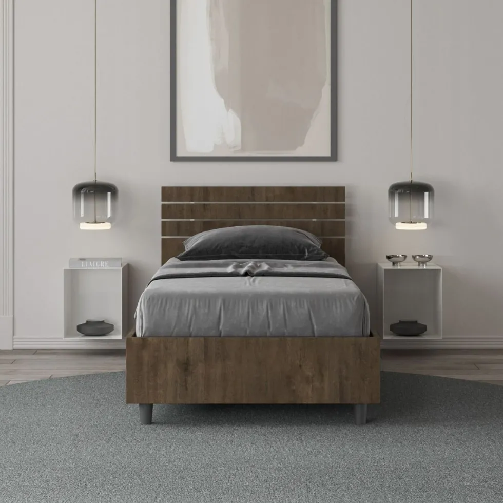 Letto 80x200cm contenitore effetto legno testiera inclinata noce LIT92