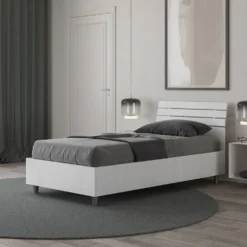 Letto 80x200cm contenitore effetto legno testiera inclinata bianco frassino LIT92