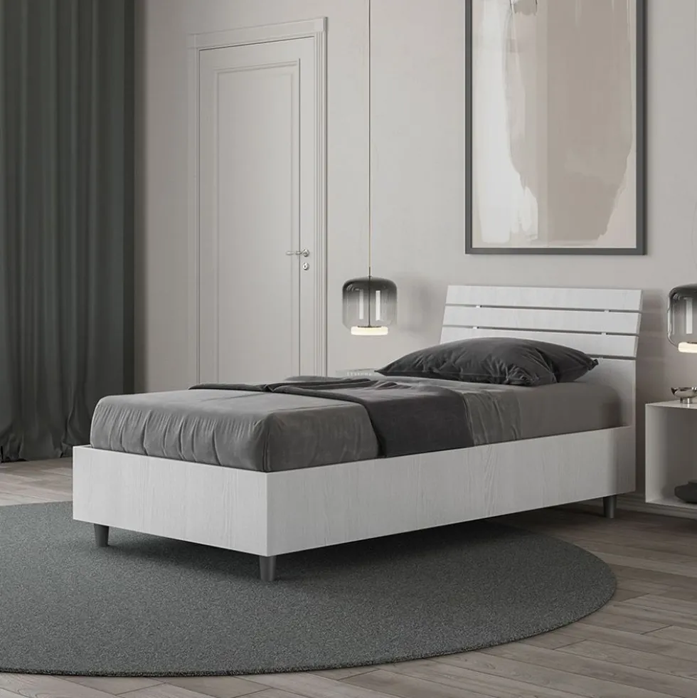Letto 80x200cm contenitore effetto legno testiera inclinata bianco frassino LIT92