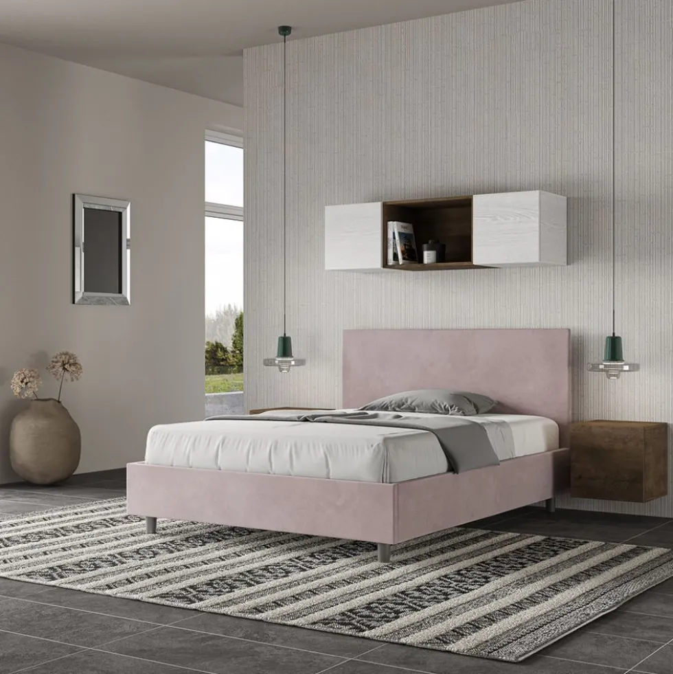Letto 140x210cm contenitore francese testiera liscia in microfibra glicine lilla LIT274