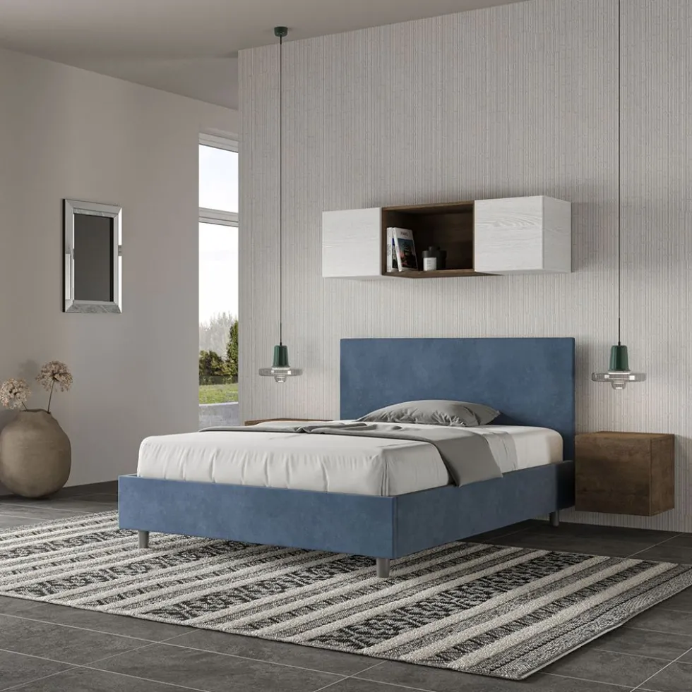 Letto 140x210cm contenitore francese testiera liscia in microfibra blu LIT274