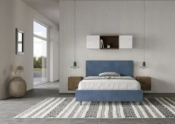 Letto 140x210cm contenitore francese testiera liscia in microfibra blu LIT274