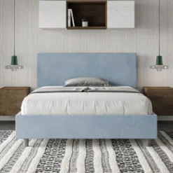 Letto 140x210cm contenitore francese testiera liscia in microfibra azzurro LIT274