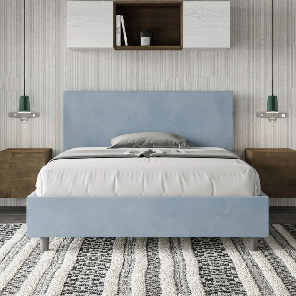 Letto 140x210cm contenitore francese testiera liscia in microfibra azzurro LIT274