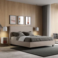 Letto 140x210cm contenitore francese con testiera trapuntata tortora LIT304