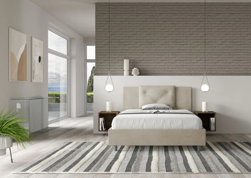 Letto 140x200cm contenitore francese con tre bottoni in microfibra sabbia beige LIT284