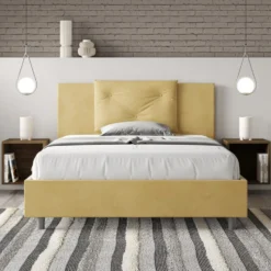 Letto 140x200cm contenitore francese con tre bottoni in microfibra ocra LIT284