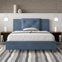 Letto 140x200cm contenitore francese con tre bottoni in microfibra blu LIT284