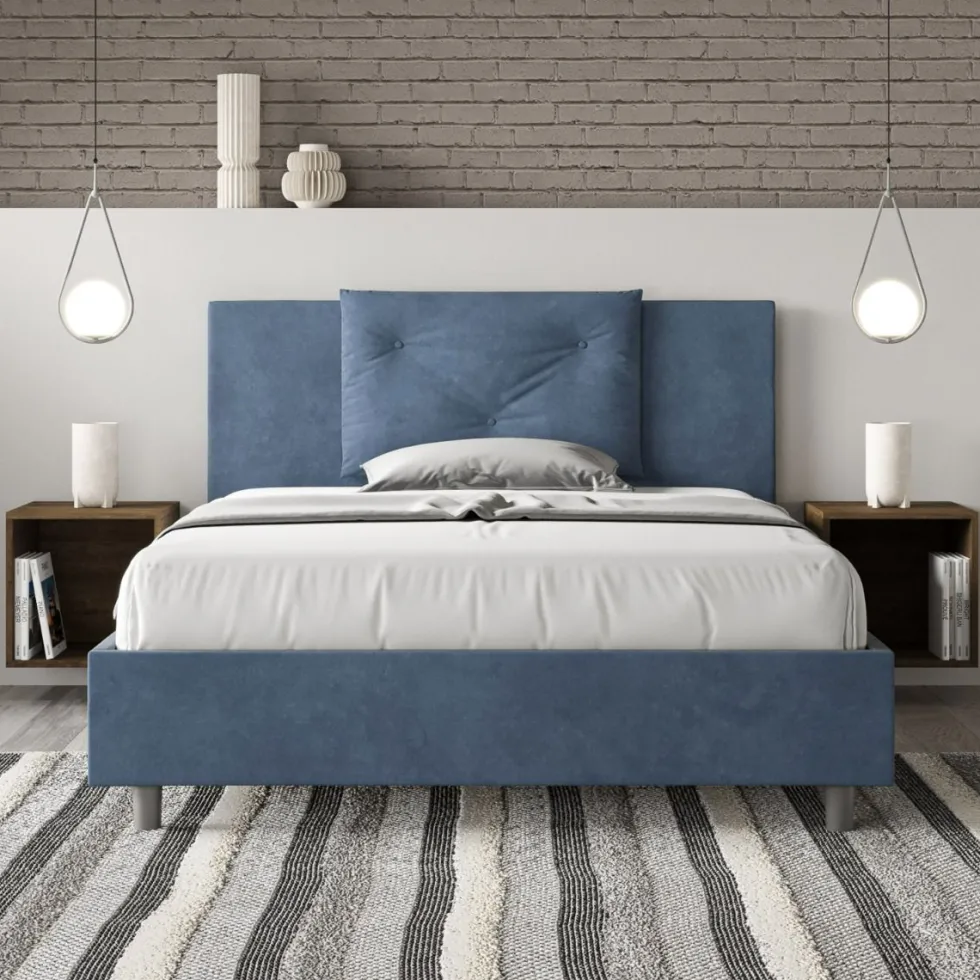 Letto 140x200cm contenitore francese con tre bottoni in microfibra blu LIT284