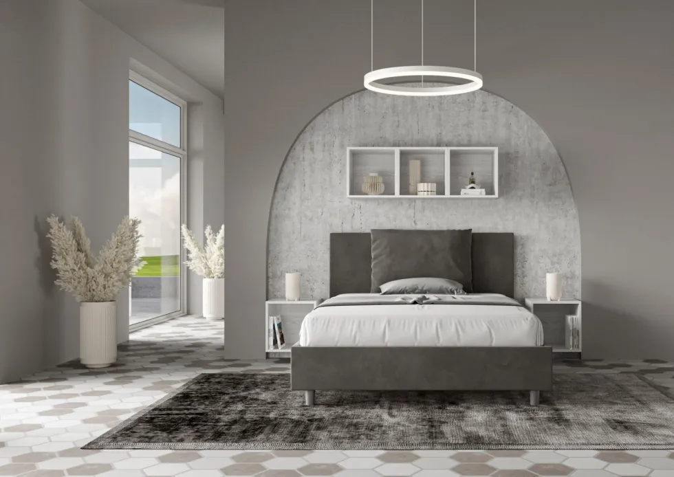Letto 140x200cm contenitore francese giroletto imbottito in microfibra grigio LIT278