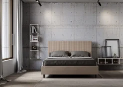 Letto 140x210cm contenitore francese con testiera a quadretti in similpelle tortora LIT310