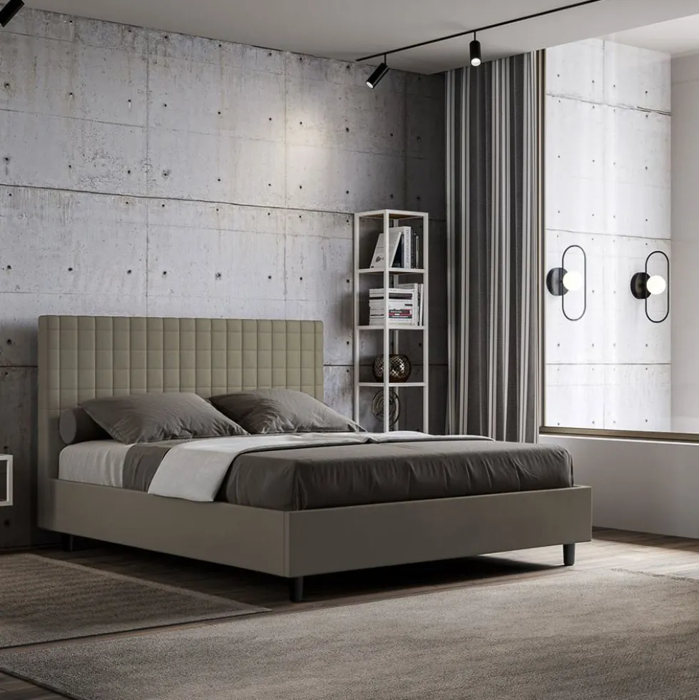 Letto 140x210cm contenitore francese con testiera a quadretti in similpelle cappuccino LIT310