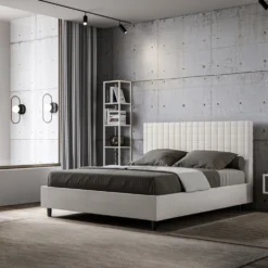 Letto 140x210cm contenitore francese con testiera a quadretti in similpelle bianco LIT310