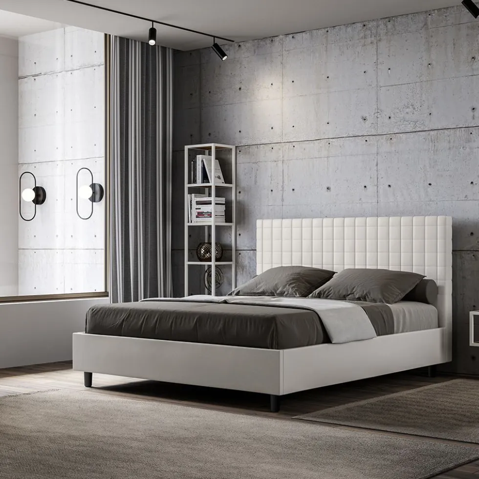 Letto 140x210cm contenitore francese con testiera a quadretti in similpelle bianco LIT310