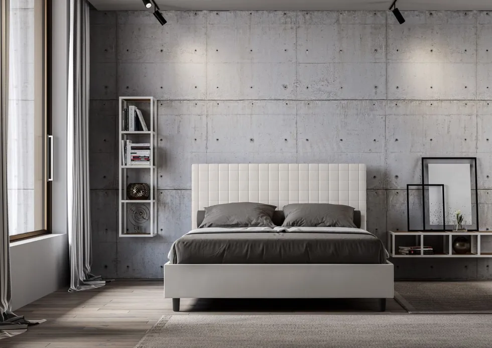 Letto 140x210cm contenitore francese con testiera a quadretti in similpelle bianco LIT310