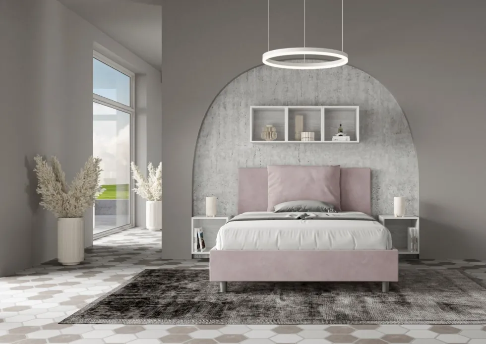Letto 140x190cm contenitore francese giroletto imbottito in microfibra glicine lilla LIT276