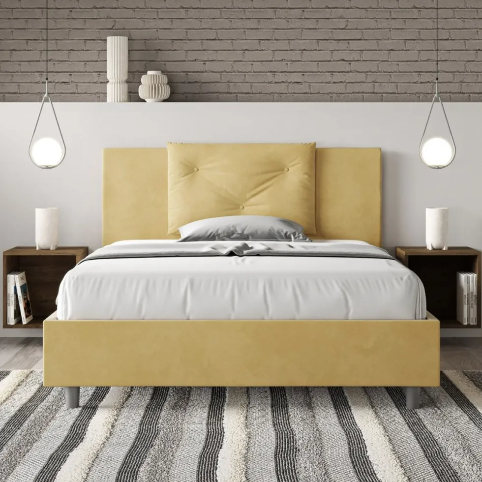 Letto 140x210cm contenitore francese con tre bottoni in microfibra ocra LIT286