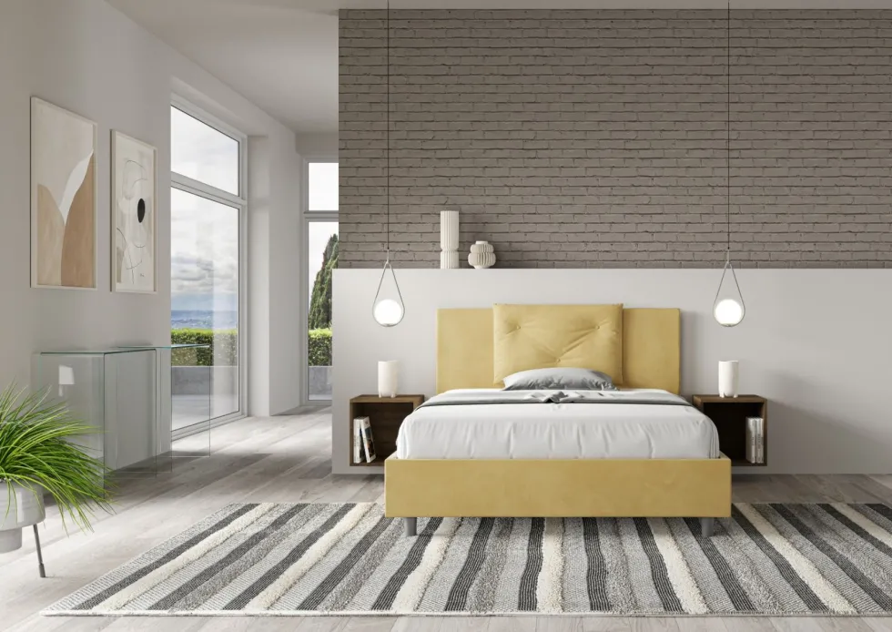 Letto 140x210cm contenitore francese con tre bottoni in microfibra ocra LIT286