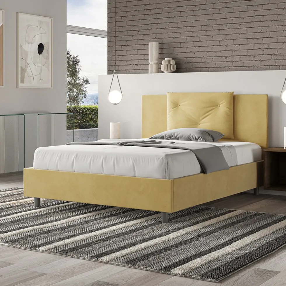 Letto 140x210cm contenitore francese con tre bottoni in microfibra ocra LIT286