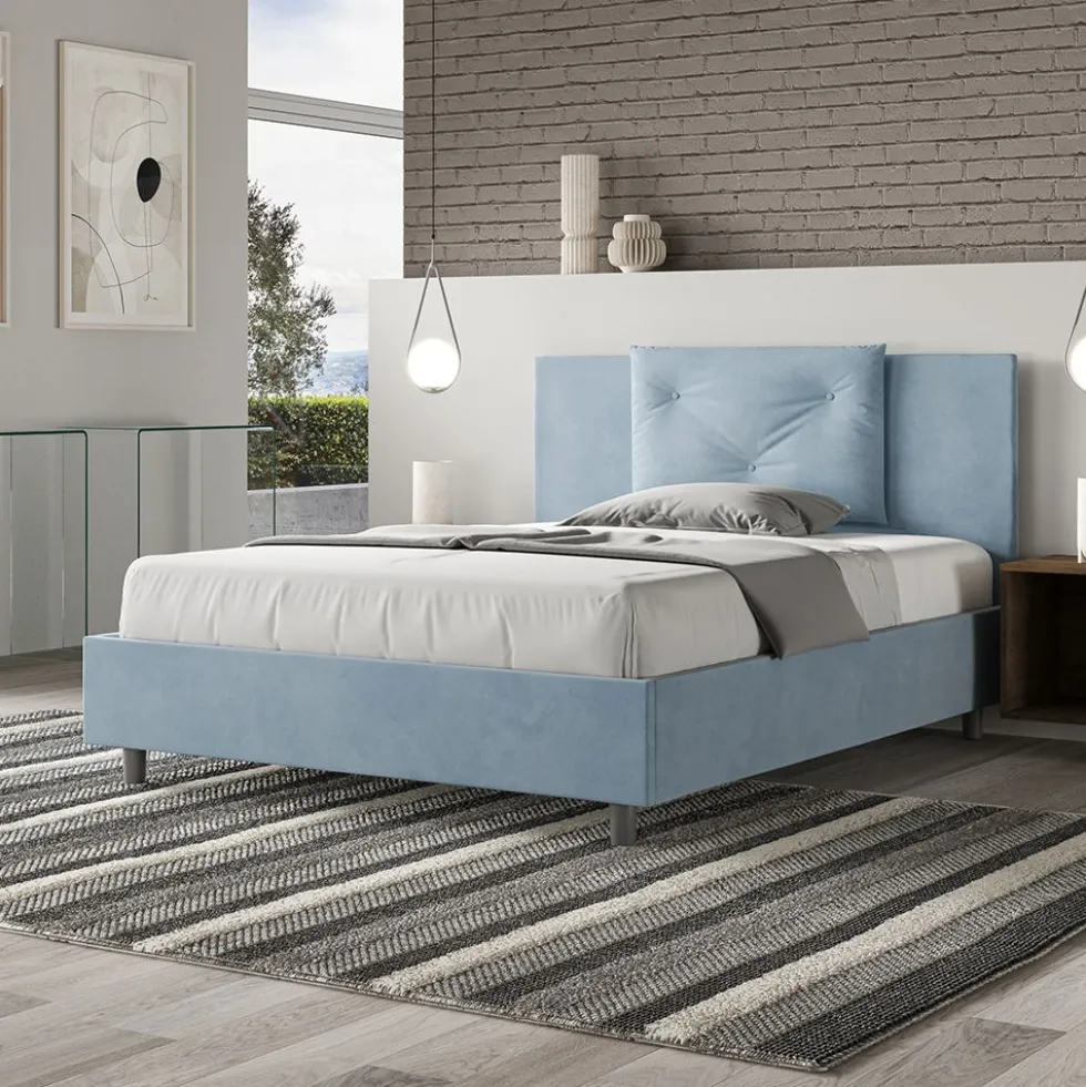 Letto 140x210cm contenitore francese con tre bottoni in microfibra azzurro LIT286