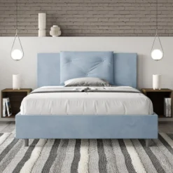 Letto 140x210cm contenitore francese con tre bottoni in microfibra azzurro LIT286