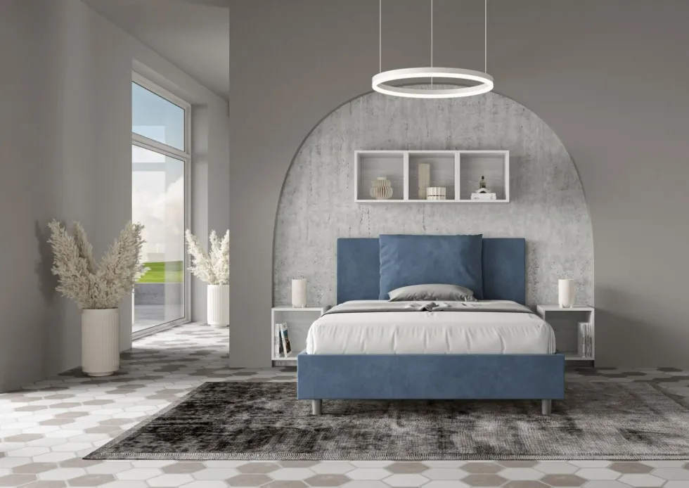 Letto 140x210cm contenitore francese giroletto in microfibra blu LIT280