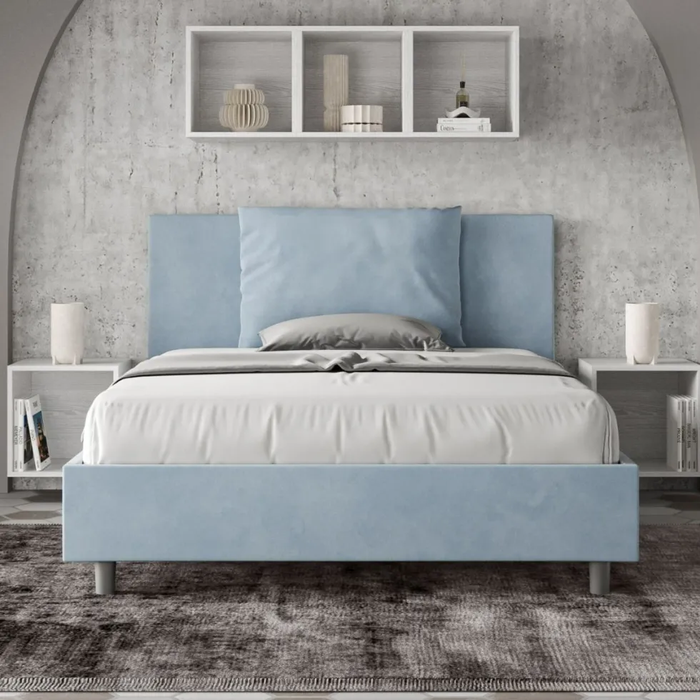 Letto 140x210cm contenitore francese giroletto in microfibra azzurro LIT280