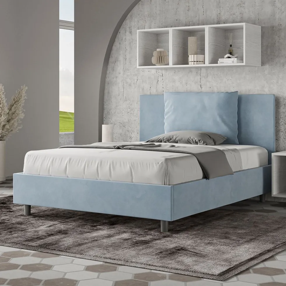 Letto 140x210cm contenitore francese giroletto in microfibra azzurro LIT280