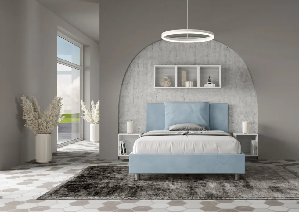 Letto 140x210cm contenitore francese giroletto in microfibra azzurro LIT280