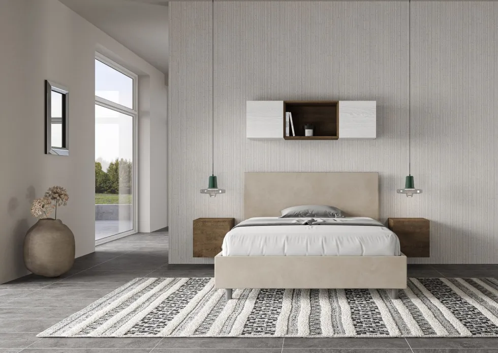 Letto 140x210cm contenitore francese testiera liscia in microfibra sabbia beige LIT274