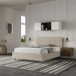 Letto 140x210cm contenitore francese testiera liscia in microfibra sabbia beige LIT274