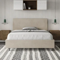 Letto 140x210cm contenitore francese testiera liscia in microfibra sabbia beige LIT274