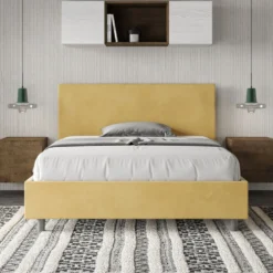 Letto 140x210cm contenitore francese testiera liscia in microfibra ocra LIT274