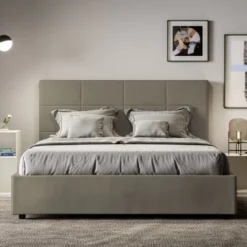 Letto 140x210cm contenitore francese con giroletto in similpelle cappuccino LIT296