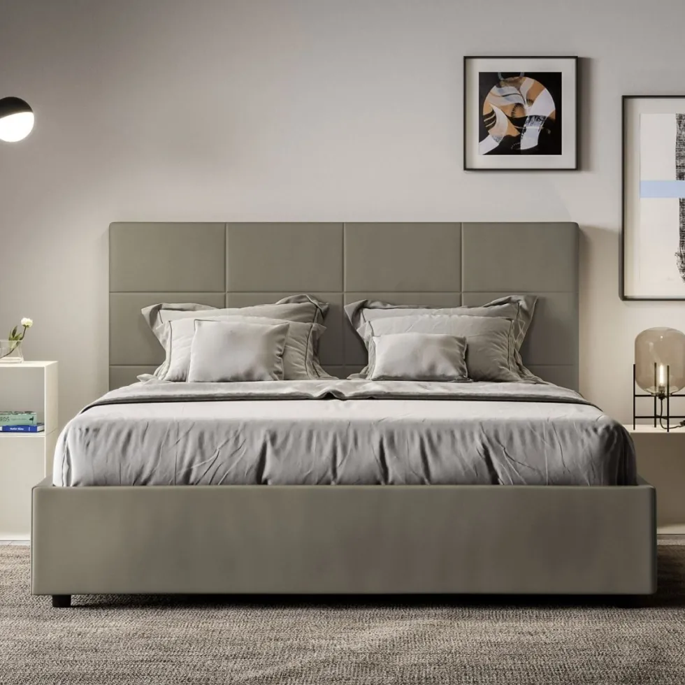 Letto 140x210cm contenitore francese con giroletto in similpelle cappuccino LIT296