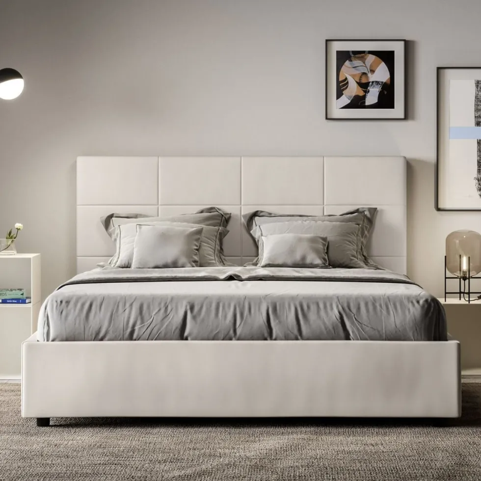 Letto 140x210cm contenitore francese con giroletto in similpelle bianco LIT296