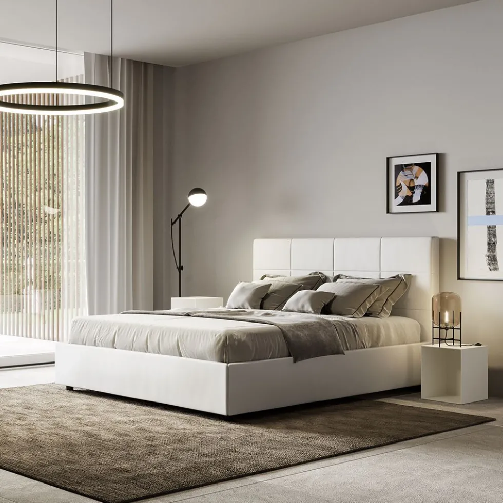 Letto 140x210cm contenitore francese con giroletto in similpelle bianco LIT296